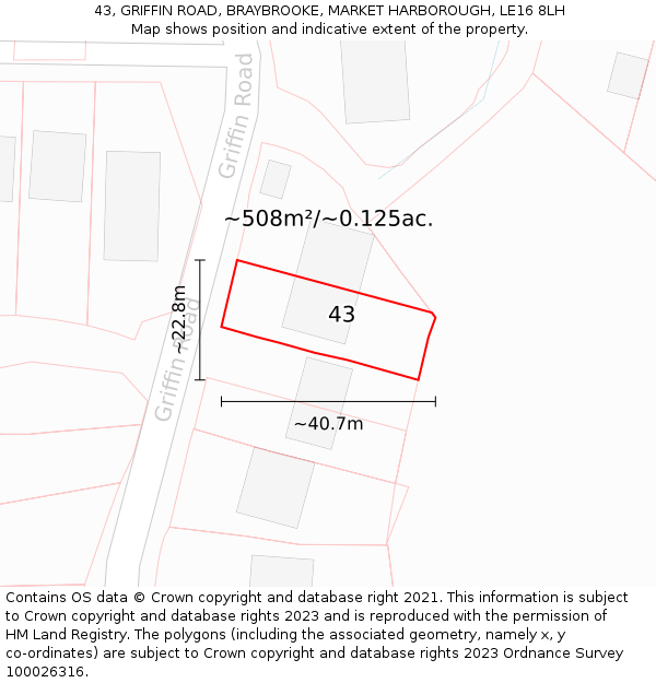 43, GRIFFIN ROAD, BRAYBROOKE, MARKET HARBOROUGH, LE16 8LH: Plot and title map