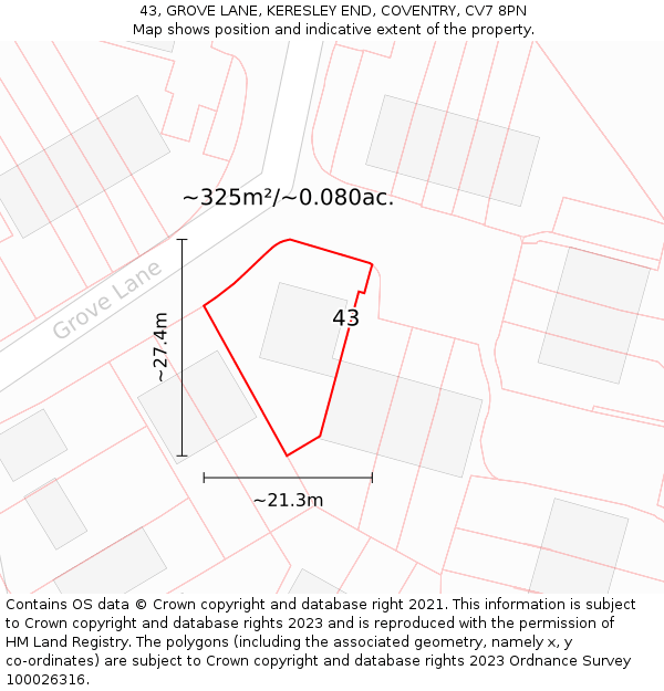 43, GROVE LANE, KERESLEY END, COVENTRY, CV7 8PN: Plot and title map