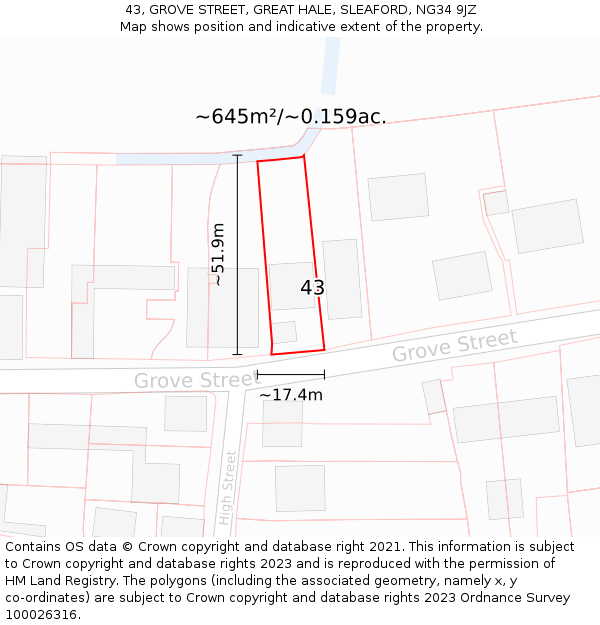 43, GROVE STREET, GREAT HALE, SLEAFORD, NG34 9JZ: Plot and title map