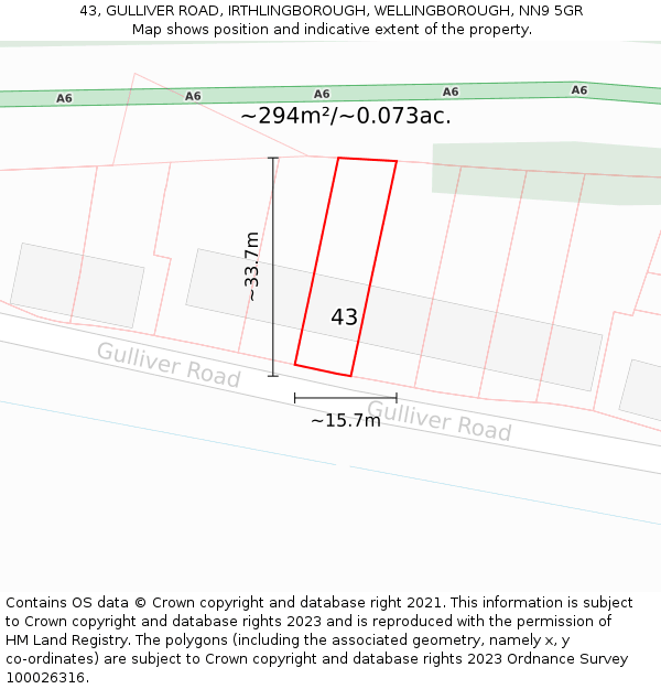 43, GULLIVER ROAD, IRTHLINGBOROUGH, WELLINGBOROUGH, NN9 5GR: Plot and title map