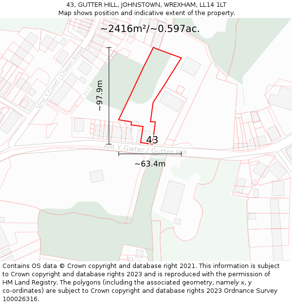 43, GUTTER HILL, JOHNSTOWN, WREXHAM, LL14 1LT: Plot and title map