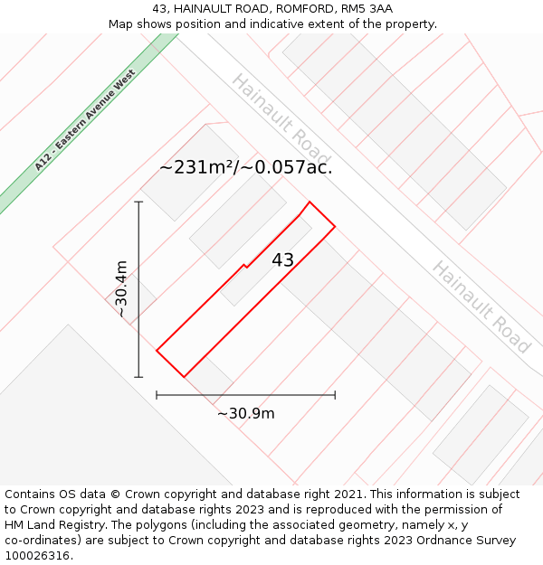 43, HAINAULT ROAD, ROMFORD, RM5 3AA: Plot and title map