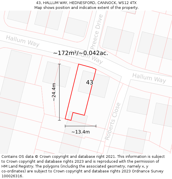 43, HALLUM WAY, HEDNESFORD, CANNOCK, WS12 4TX: Plot and title map