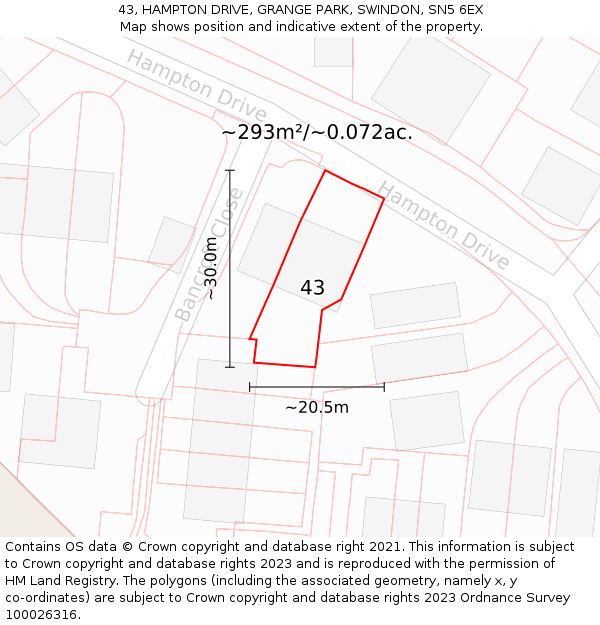 43, HAMPTON DRIVE, GRANGE PARK, SWINDON, SN5 6EX: Plot and title map