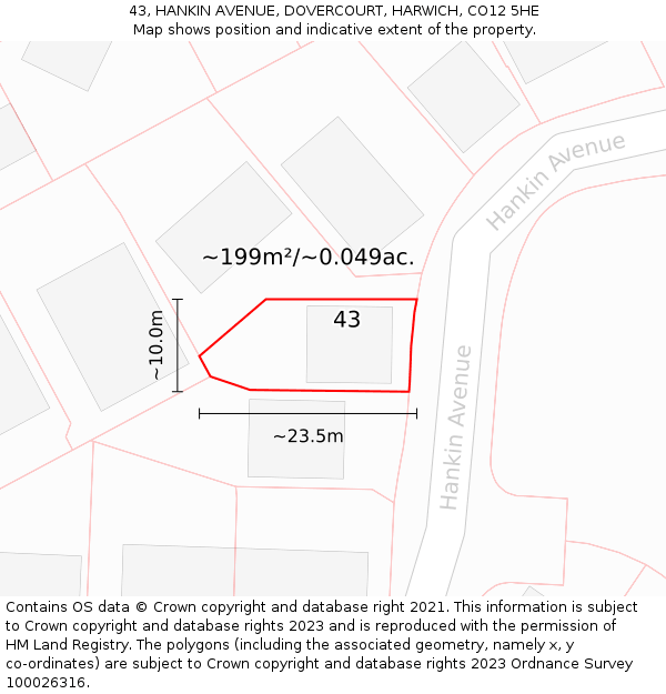 43, HANKIN AVENUE, DOVERCOURT, HARWICH, CO12 5HE: Plot and title map