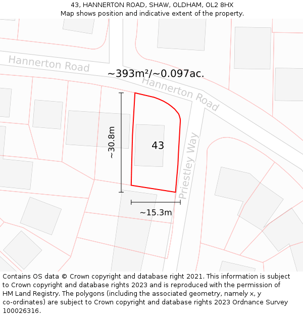 43, HANNERTON ROAD, SHAW, OLDHAM, OL2 8HX: Plot and title map