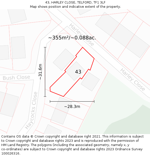 43, HARLEY CLOSE, TELFORD, TF1 3LF: Plot and title map