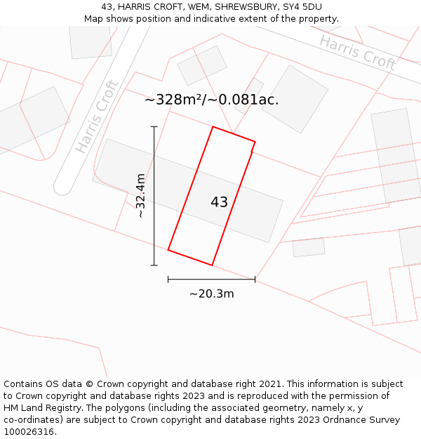 43, HARRIS CROFT, WEM, SHREWSBURY, SY4 5DU: Plot and title map