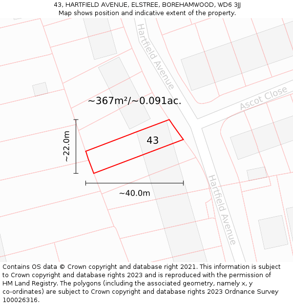 43, HARTFIELD AVENUE, ELSTREE, BOREHAMWOOD, WD6 3JJ: Plot and title map