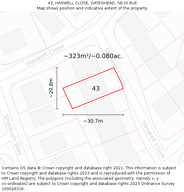 43, HASWELL CLOSE, GATESHEAD, NE10 8UE: Plot and title map