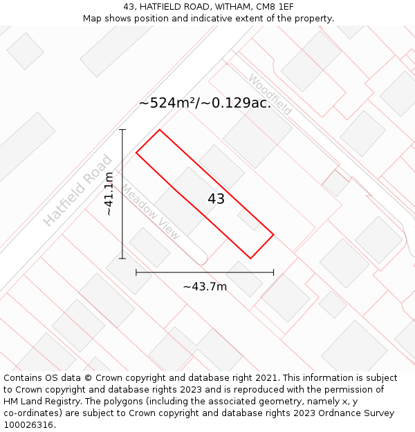 43, HATFIELD ROAD, WITHAM, CM8 1EF: Plot and title map