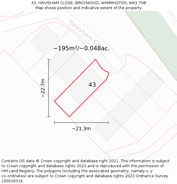 43, HAVISHAM CLOSE, BIRCHWOOD, WARRINGTON, WA3 7NB: Plot and title map