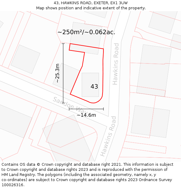 43, HAWKINS ROAD, EXETER, EX1 3UW: Plot and title map