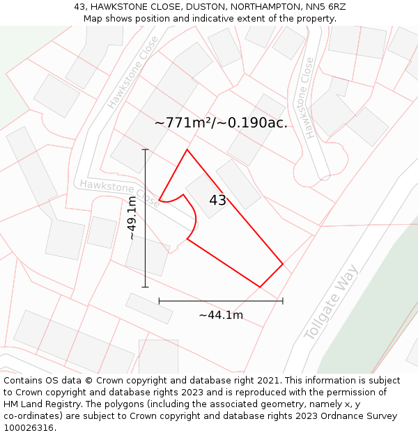 43, HAWKSTONE CLOSE, DUSTON, NORTHAMPTON, NN5 6RZ: Plot and title map