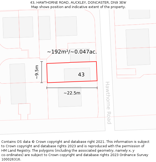 43, HAWTHORNE ROAD, AUCKLEY, DONCASTER, DN9 3EW: Plot and title map