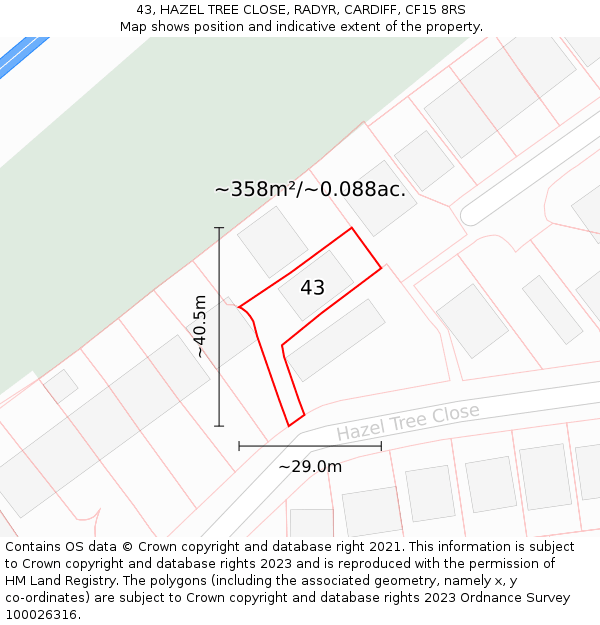 43, HAZEL TREE CLOSE, RADYR, CARDIFF, CF15 8RS: Plot and title map