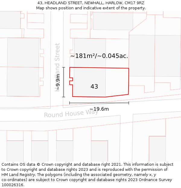 43, HEADLAND STREET, NEWHALL, HARLOW, CM17 9RZ: Plot and title map