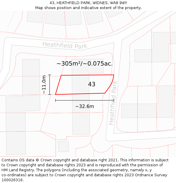 43, HEATHFIELD PARK, WIDNES, WA8 9WY: Plot and title map