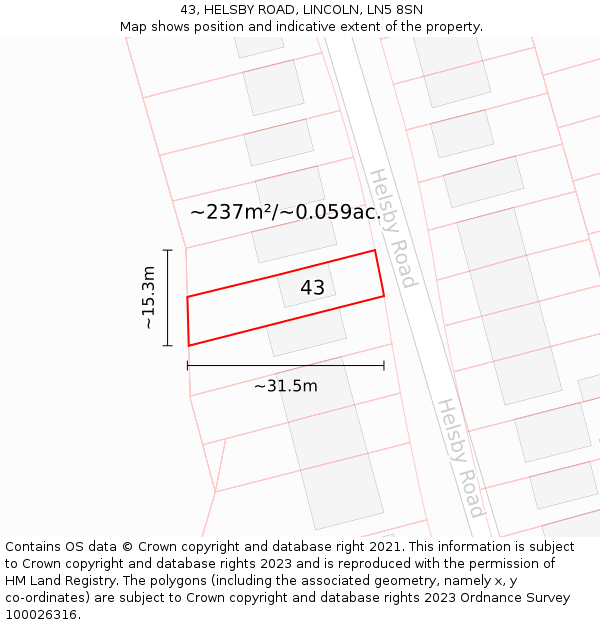 43, HELSBY ROAD, LINCOLN, LN5 8SN: Plot and title map