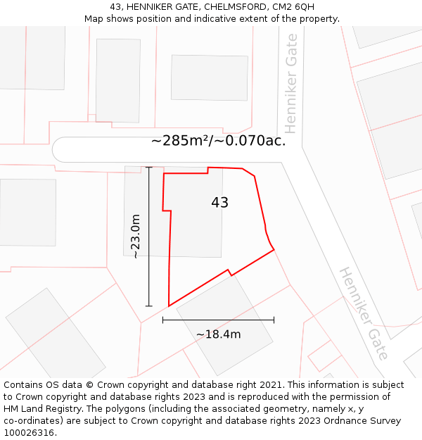 43, HENNIKER GATE, CHELMSFORD, CM2 6QH: Plot and title map