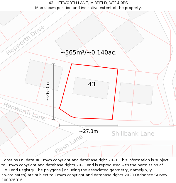 43, HEPWORTH LANE, MIRFIELD, WF14 0PS: Plot and title map