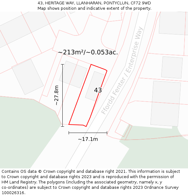 43, HERITAGE WAY, LLANHARAN, PONTYCLUN, CF72 9WD: Plot and title map