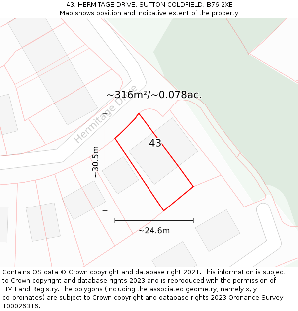 43, HERMITAGE DRIVE, SUTTON COLDFIELD, B76 2XE: Plot and title map