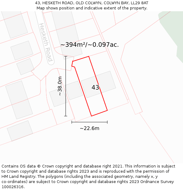 43, HESKETH ROAD, OLD COLWYN, COLWYN BAY, LL29 8AT: Plot and title map