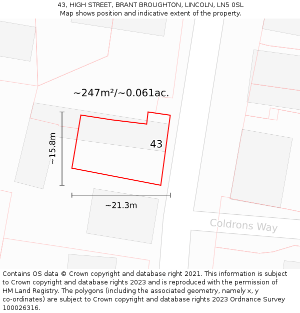 43, HIGH STREET, BRANT BROUGHTON, LINCOLN, LN5 0SL: Plot and title map