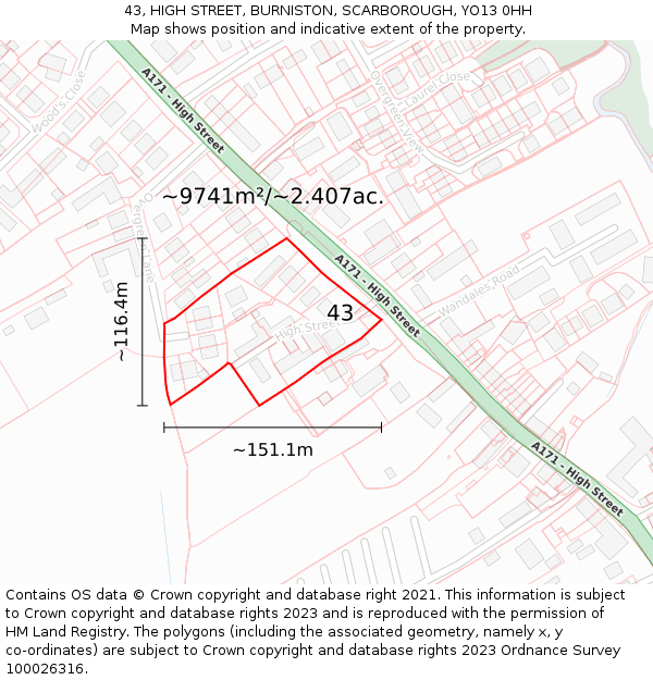 43, HIGH STREET, BURNISTON, SCARBOROUGH, YO13 0HH: Plot and title map