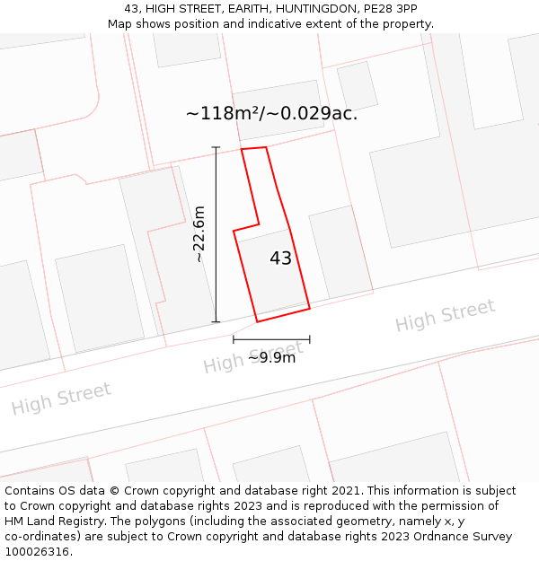 43, HIGH STREET, EARITH, HUNTINGDON, PE28 3PP: Plot and title map