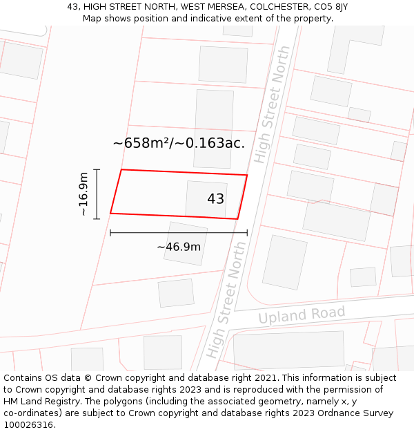 43, HIGH STREET NORTH, WEST MERSEA, COLCHESTER, CO5 8JY: Plot and title map