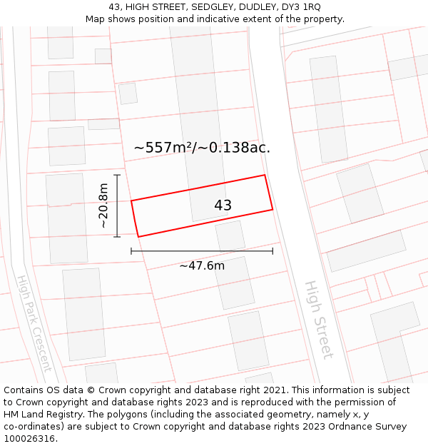 43, HIGH STREET, SEDGLEY, DUDLEY, DY3 1RQ: Plot and title map