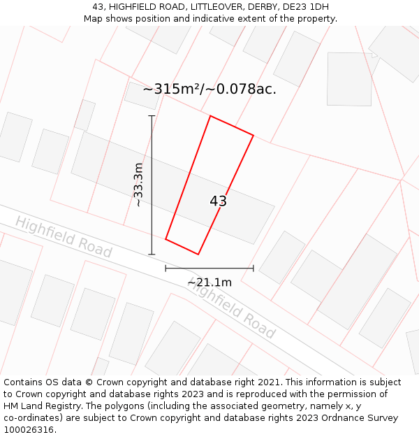 43, HIGHFIELD ROAD, LITTLEOVER, DERBY, DE23 1DH: Plot and title map