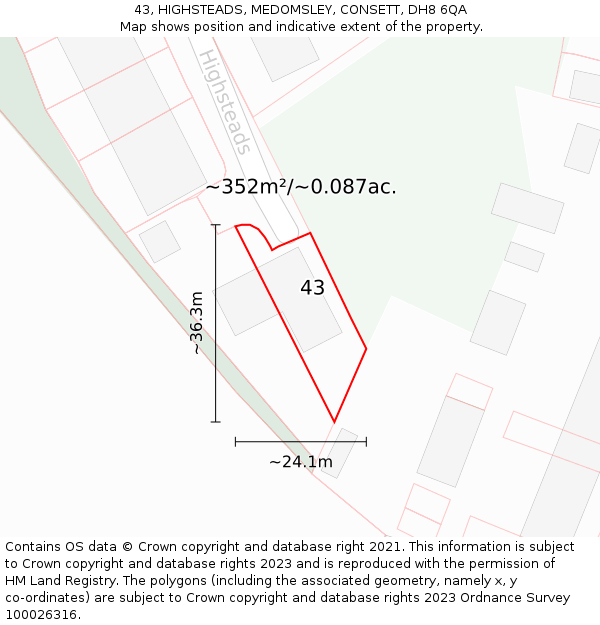 43, HIGHSTEADS, MEDOMSLEY, CONSETT, DH8 6QA: Plot and title map