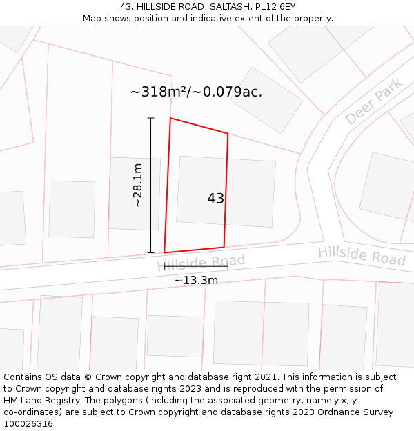 43, HILLSIDE ROAD, SALTASH, PL12 6EY: Plot and title map