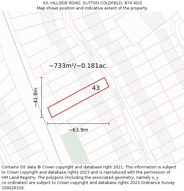 43, HILLSIDE ROAD, SUTTON COLDFIELD, B74 4DG: Plot and title map