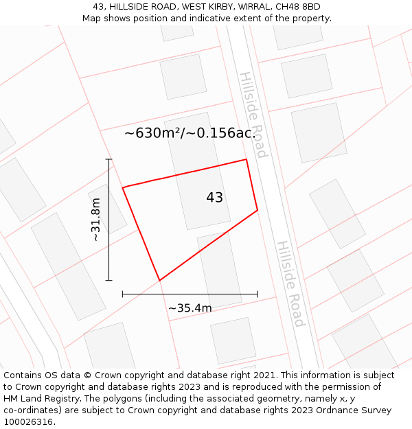 43, HILLSIDE ROAD, WEST KIRBY, WIRRAL, CH48 8BD: Plot and title map