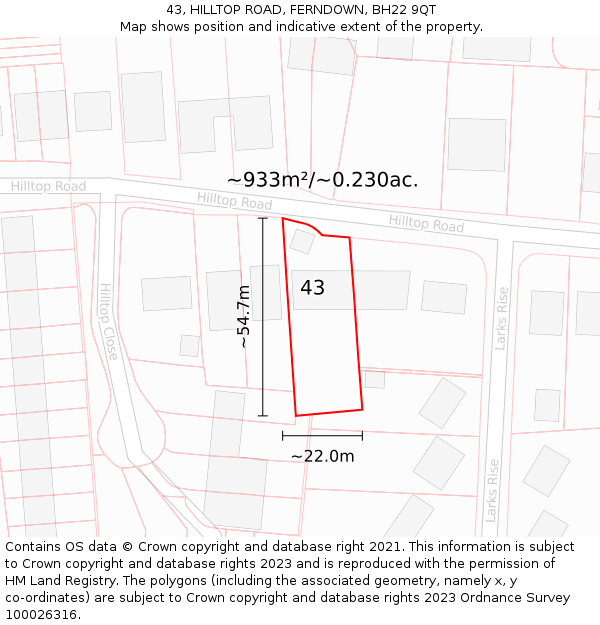 43, HILLTOP ROAD, FERNDOWN, BH22 9QT: Plot and title map