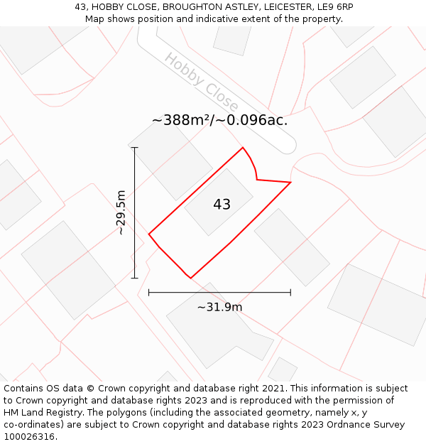 43, HOBBY CLOSE, BROUGHTON ASTLEY, LEICESTER, LE9 6RP: Plot and title map