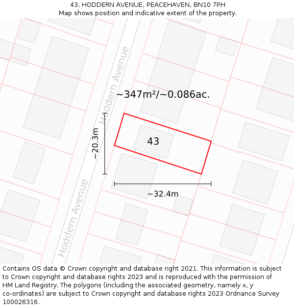 43, HODDERN AVENUE, PEACEHAVEN, BN10 7PH: Plot and title map