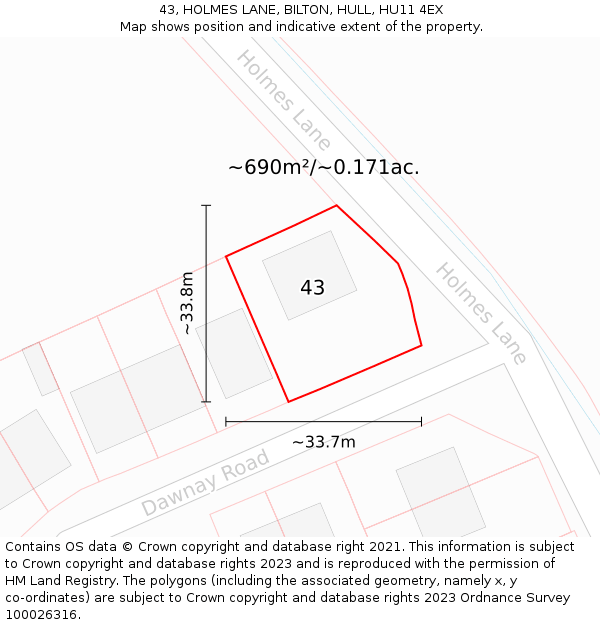 43, HOLMES LANE, BILTON, HULL, HU11 4EX: Plot and title map