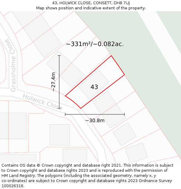 43, HOLWICK CLOSE, CONSETT, DH8 7UJ: Plot and title map