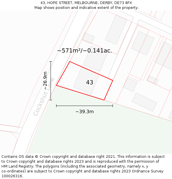 43, HOPE STREET, MELBOURNE, DERBY, DE73 8FX: Plot and title map