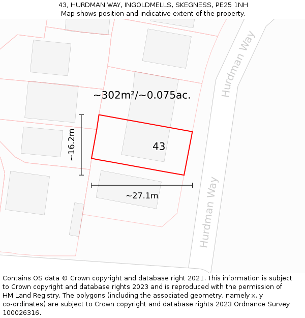 43, HURDMAN WAY, INGOLDMELLS, SKEGNESS, PE25 1NH: Plot and title map