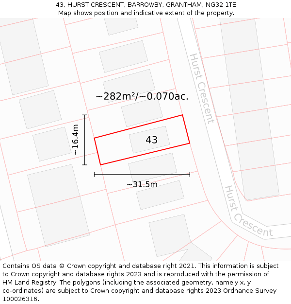 43, HURST CRESCENT, BARROWBY, GRANTHAM, NG32 1TE: Plot and title map