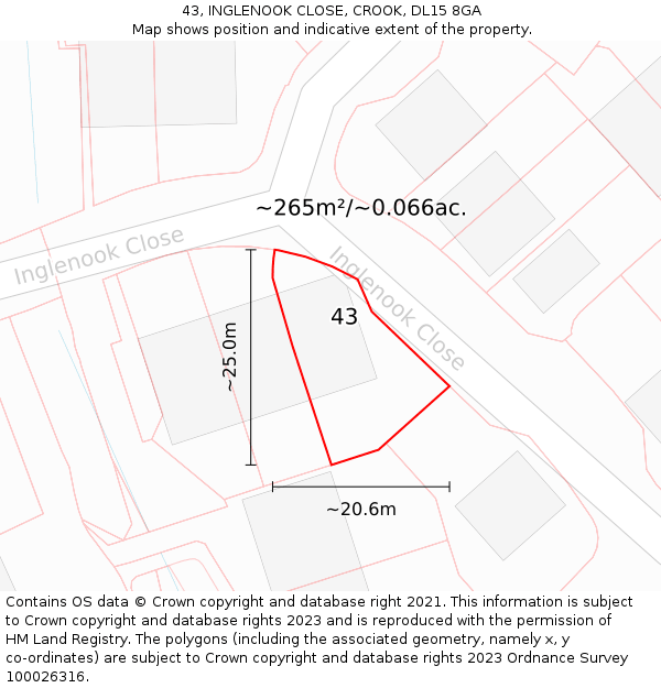 43, INGLENOOK CLOSE, CROOK, DL15 8GA: Plot and title map