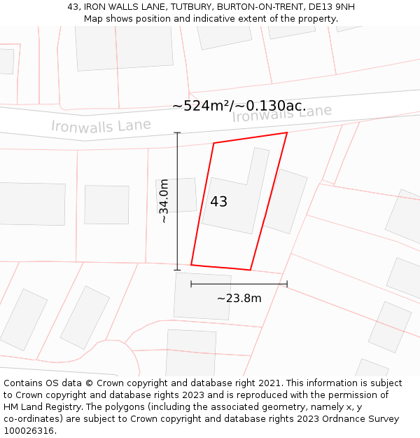 43, IRON WALLS LANE, TUTBURY, BURTON-ON-TRENT, DE13 9NH: Plot and title map