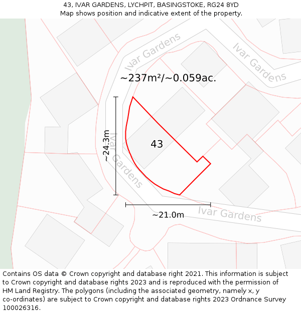 43, IVAR GARDENS, LYCHPIT, BASINGSTOKE, RG24 8YD: Plot and title map