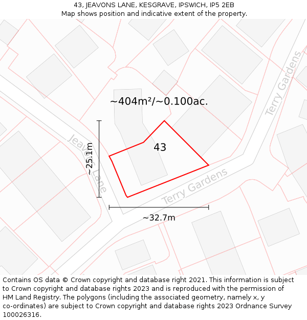 43, JEAVONS LANE, KESGRAVE, IPSWICH, IP5 2EB: Plot and title map